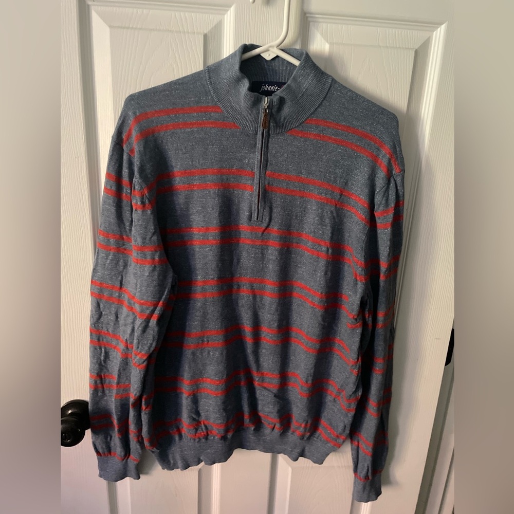 Johnnie-O Men’s Blue & Orange Striped 1/4 Zip Lightweight Sweater Size L